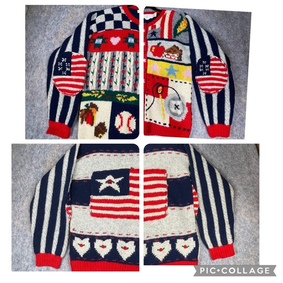 Vtg Eagles Eye Patriotic Americana Hand Knit Novelty Button Up Cardigan - Sz M - Picture 7 of 16